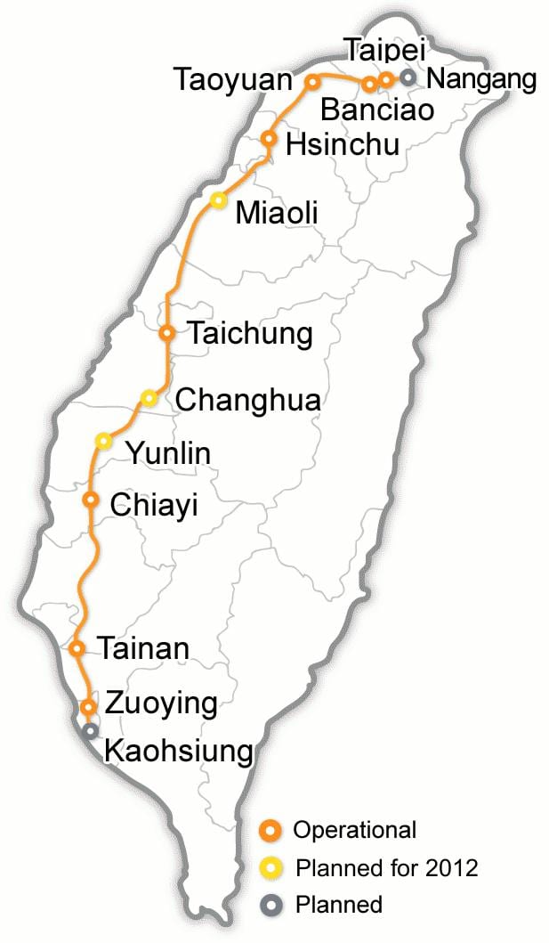 ไต้หวันกระสุนรถไฟบนแผนที่