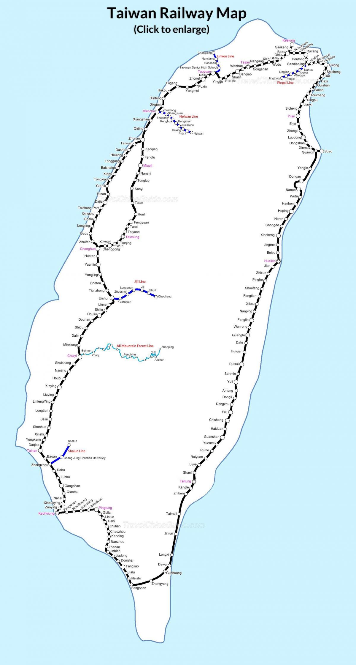 ไต้หวัน railway ที่สถานีรถไฟบนแผนที่